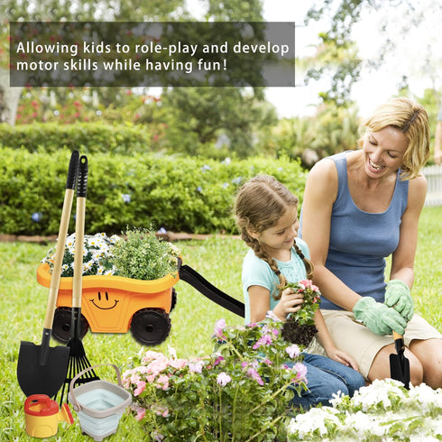 Set Wheelbarrow, Summer 2-5 Toddlers Rake & Shovel with Kids Yard Tools for Digging, Gardening, Beach, Sandbox, Lawn