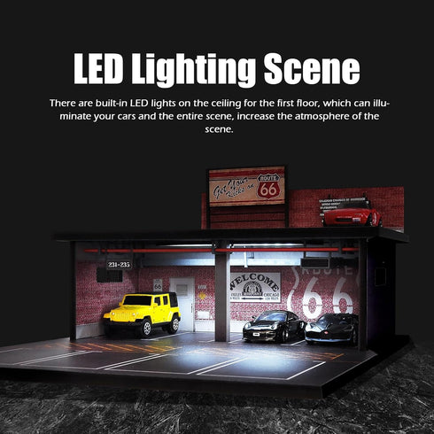 1/64 Scale Parking Garage Scene Model - 2 Layers Hot Wheels Display Case with LED Light for 11 Diecast Cars, Red