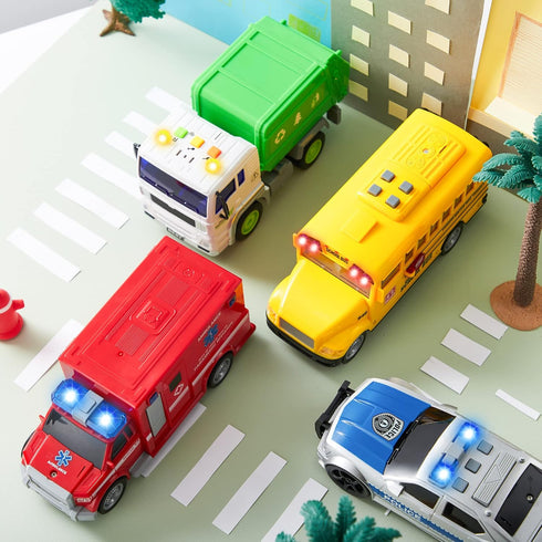 JOYIN 4 Pcs 7" Long Vehicle Toy Set, Toddlers Cars with Lights and Siren Sound, Birthday Party Gifts