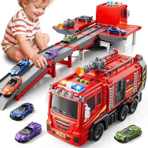 XINNOVEL Fire Trucks Toys for Toddlers Ages 3-5, Folded Carrier Truck Race Track