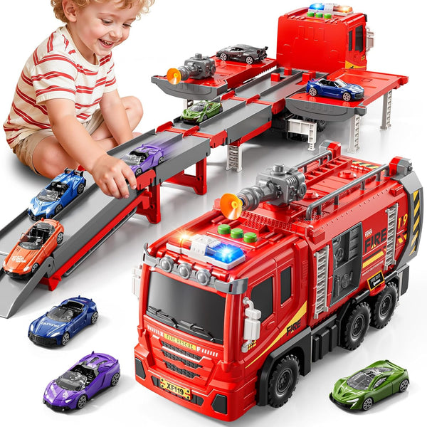 XINNOVEL Fire Trucks Toys for Toddlers Ages 3-5, Folded Carrier Truck Race Track