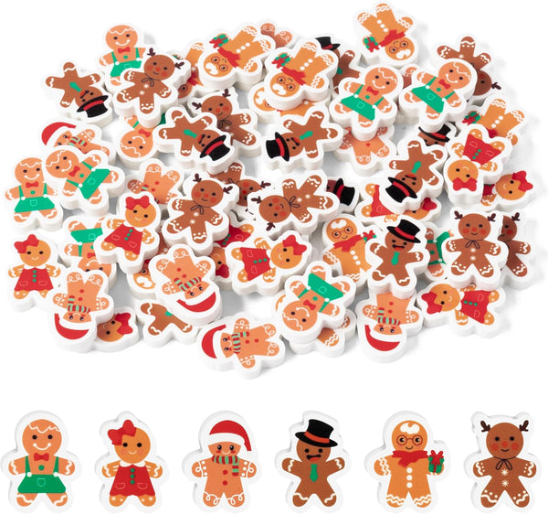 Haooryx 60Pcs Mini Gingerbread Men Erasers, Bulk Novelty Pencil Erasers, 3D Desk Puzzle Erasers for Classroom Rewards