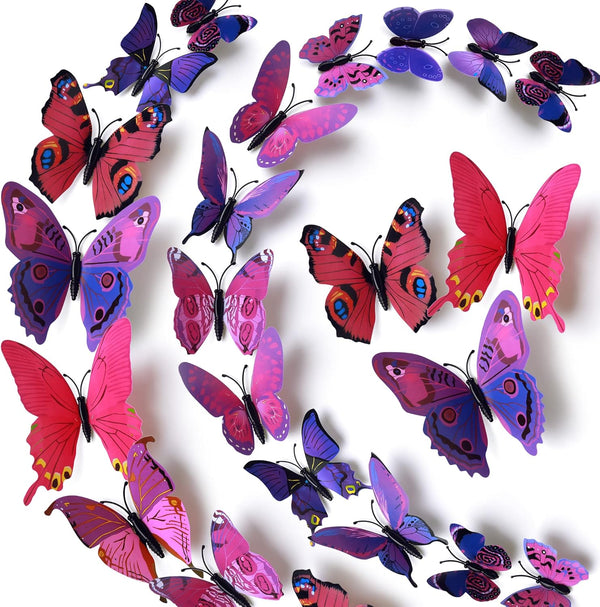LiveGallery 72 PCS Purple Removable 3D DIY Butterfly Wall Decals – Colorful Butterflies Art Decor for Kids Bedroom