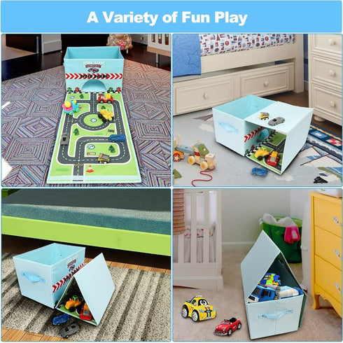 Livememory Toy Cars Garage Box, 2 in 1 Storage Box with Speed Roads for Car Toys, Sky Blue