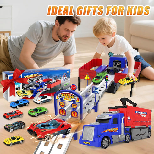 3 4 5 6 6 SpringFlower Carrier Truck Race Track Toys, Boy Toys for Years Old Boys with Lights Sounds, Transporter Race