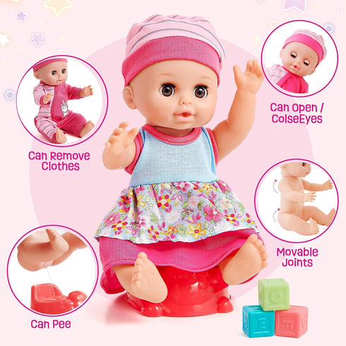 12in Set 20pcs Bag/Cradle/2 3 4 5 6 Golray Girl Baby Doll Crib and High Chair - Sound&Pee Interactive Baby Doll