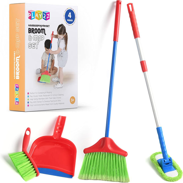 Play22 Kids Cleaning Set, 4 Piece Toy Set with Broom, Mop, Brush, Dust Pan, Great Gift for Boys & Girls
