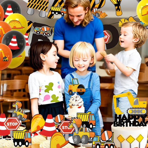 PEIQICHU Excavator Birthday Decorations Construction Birthday Party Decoration Supplies for Kids Truck Car Themed Happy