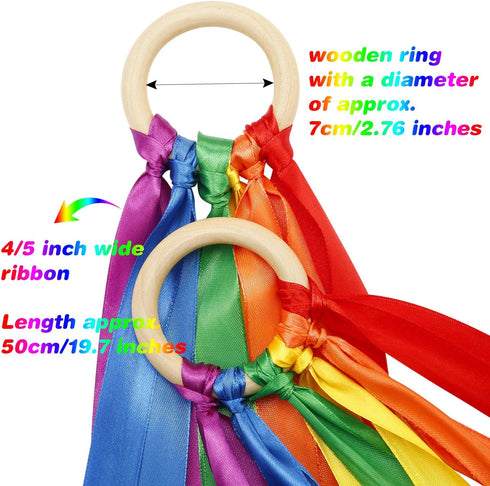 WILLBOND 3 Pieces Rainbow Hand Kite Ribbon, Dancing Ribbon Streamer with Wood Ring Educational Toys