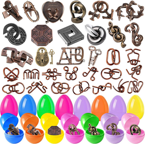 32 Pack Brain Teaser Puzzles & Colorful Easter Eggs - Challenging Metal