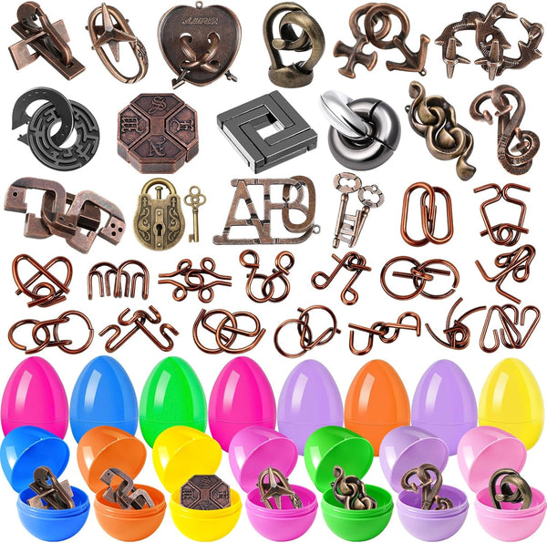 32 Pack Brain Teaser Puzzles & Colorful Easter Eggs - Challenging Metal