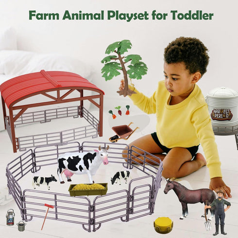 Farm Animals Toys Set - Barn Toy Combine Harvester Tractor with Trailer and Figures Playset for Kids 3-7 Years Old