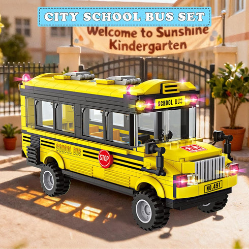 WEMEWEME Set 6+ 488PCS School Bus Building Blocks for Kids Creative Vehicle Toy with Movable Wheels Compatible