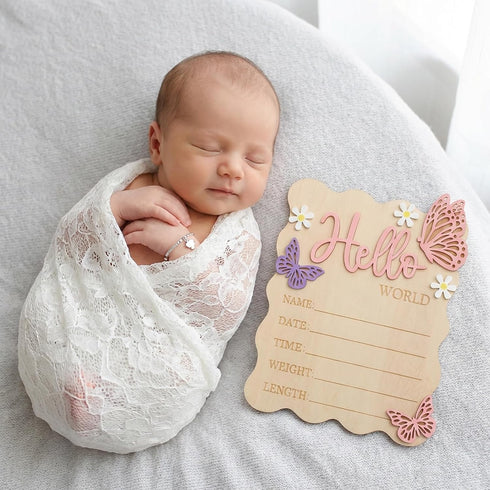 Yuomeaz Baby Arrival Sign, Newborn Announcement Sign, Wooden Hello World Newborn Signs Pink Butterfly Baby Birth