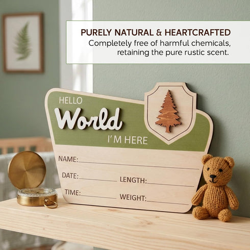 TTMerriwood 6.5" Adventure Hello World I'm Here Sign, Wooden Retro Birth Announcement Prop, Camping Nursery Keepsake