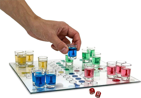Ludo Drinking Game (Parcheesi) with 16 Shot Glasses, 2 Dice & Glass Game Board