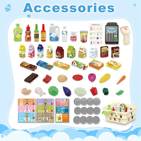Cart,75PCS Playset 3 4 5 67 8+ RedCrab Kids Shopping Toy Shopping Cart with Food Shop Accessories, Adjustable Shopping