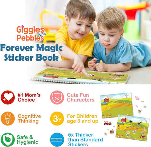 Giggles & Pebbles Educational Magic Sticker Pad Book for Kids, Reusable Non-Adhesive Stickers with Farm, Zoo, Ocean