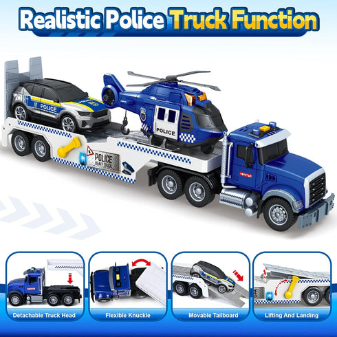 3 4 5 6 7 8 20.5" Kids Toys for Years Old Boys, Police Truck Toy with Racing Car and Helicopter, Toddler Friction