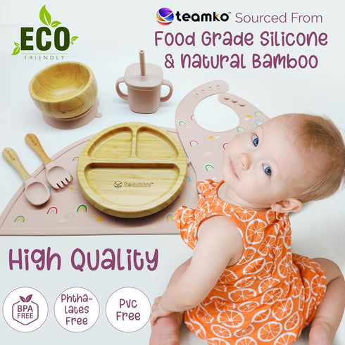 Set: TEAMKO Silicone Baby Feeding Bamboo Baby Plate and Bowl, Bib, Utensils, Cup & Placemat - Bamboo Kids Plates