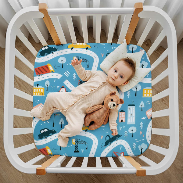 Cloele Fitted Sheets for Square Playard/Playpen - Ultra Soft Polyester Blue Car Sheets for 36 X 36 Mattresses