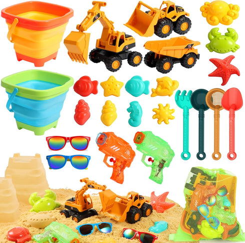 HUITEM Beach Toys for Kids, Sand Toys with 2 Collapsible Beach Bucket,3