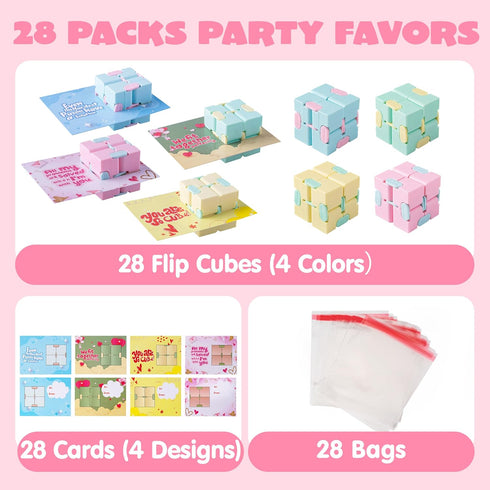 28 Packs JOYIN Valentines Day Gift Cards with Infinity Magic Toys, Colorful Hand-Held Flip Toy, Stress Relief Fidget