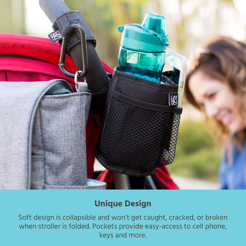 J.L. Childress Black Cup 'N Stuff Universal Stroller Cup Holder with Cell Phone Pocket for Strollers, Wheelchairs,