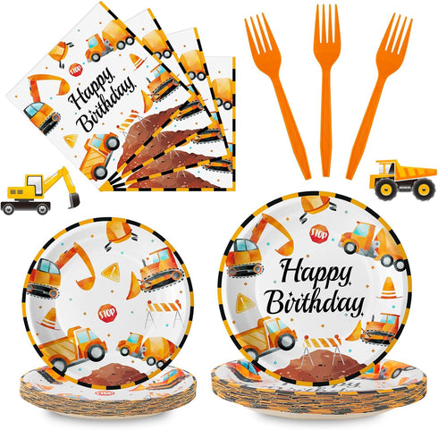 100 Pcs Construction Birthday Party Supplies - Construction Themed Plates and Napkins