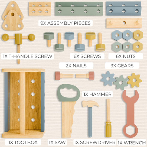 Set Hammer 2-5 30+ Durable Wooden Tool for Toddlers - Montessori Tool Box Kit with for Boys & Girls Years - Fun
