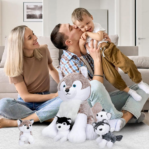 5PCS Wolf Plush Toys, 13.4 Inch Wolf Mom with Mini Babies, Stuffed Animal Family Set for Girls Boys Christmas