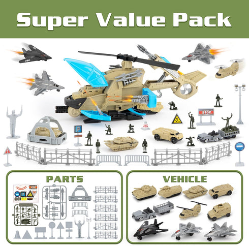 Set 10 XDUOYJOY Military Helicopter Toys, Army Toys with Vehicles, Tanks, Fighter Jet, Airplane, Aircraft, Army Men
