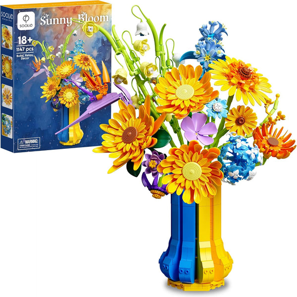 Mothers Day Sunflower Bouquet Building Set with Vase, Gift for Mom Wife