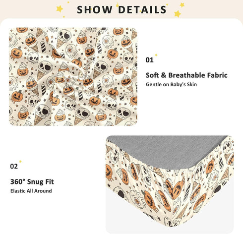 Jynexis 52x28 Halloween Pumpkin Ice Cream Print Baby Crib Sheets, Cotton Fitted Crib Sheet, Soft Breathable, Fits