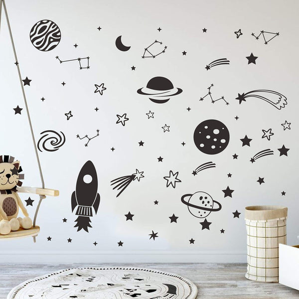 Outer Space Stars Plant Wall Decal Vinyl, Astronaut Stickers for Nursery Decor Gift for Kids Bedroom Art