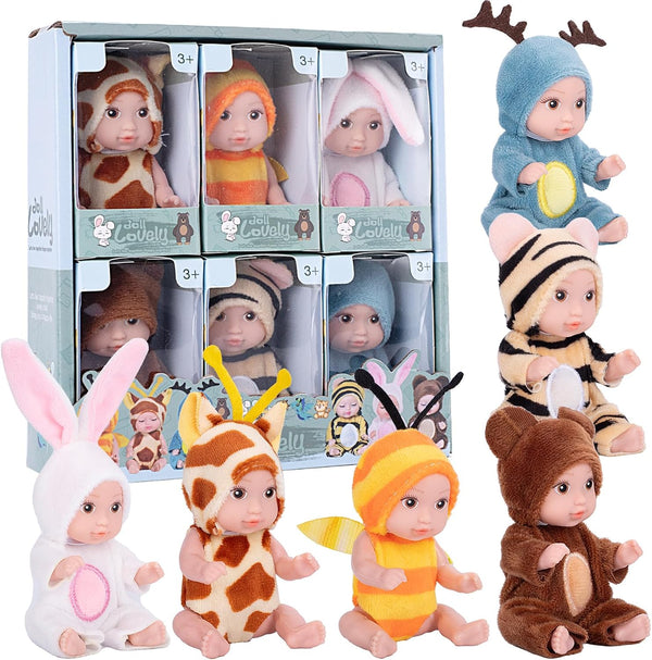Vueos 6PCS 4inch Mini Dolls Set - Baby Doll with 6 Animal Outfits