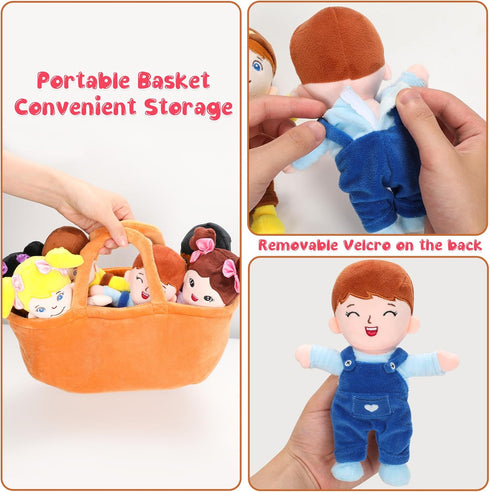 Basket of 8" Plush Diversity Baby Dolls - 6 Piece Set with Interchangeable Clothes for All Ages