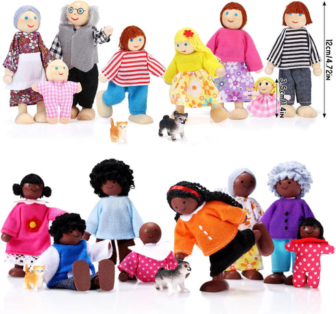 20 Set 16 4 Skylety Pcs Wooden Dollhouse Family of Mini People Figures and Pets, Wooden Dollhouse Dolls Cosplay Family