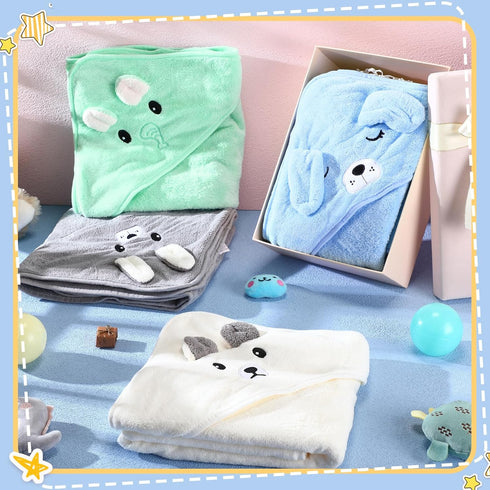 4 Preboun Pcs Baby Bath Towel Coral Fleece Baby Hooded Towel Absorbent Soft Towels for Newborn Cartoon Animal Hooded