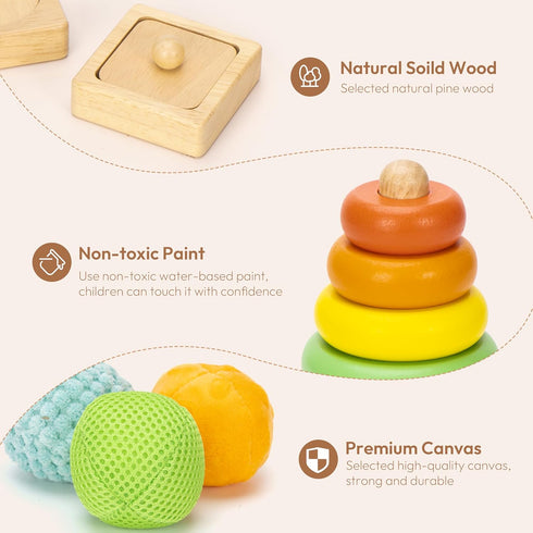 Montessori Toys Set for Babies 13-15 Months, 5 in 1 Educational Wooden Learning Toys with Sensory Ball & Object