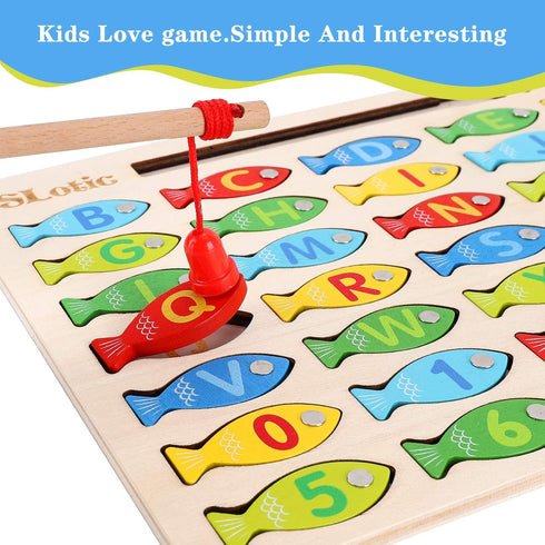 Magnetic Wooden Fishing Game Toy for Toddlers, Alphabet ABC Fish Catching Counting Learning Education Toys