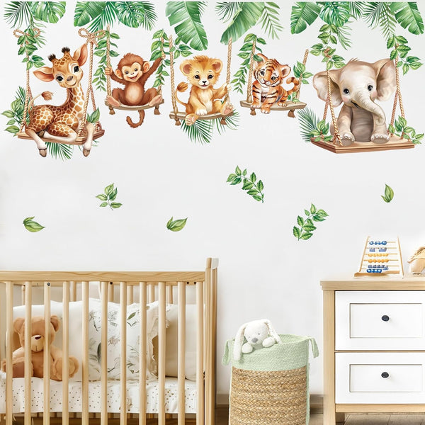wondever Jungle Animal on Swings Wall Stickers Baby Lion Elephant Giraffe Tropical