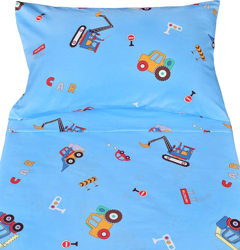 J-pinno 100% 3 Set Cozy Set Cars Vehicles Digger Cotton Pieces Cartoon Toddler Sheet for Kids Boys, Flat Sheet Fitted