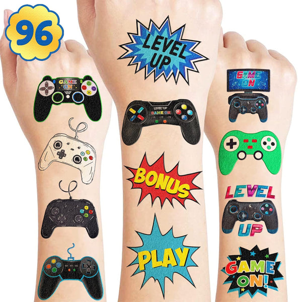 Gamer Temporary Tattoos, 96 PCS Cute Stickers for Birthday Party Decorations and Classroom Rewards