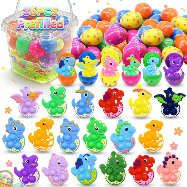 BicMan 36 Pack Prefilled Easter Eggs with Dinosaur Pop Fidget Toys, Easter