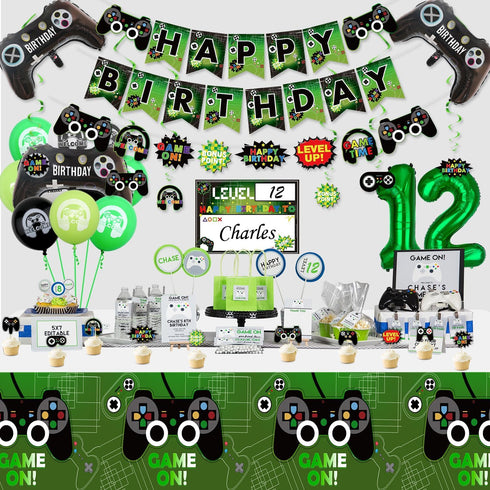 Video Game Party Decorations for Boys, 12th Birthday Banner, Tablecloth, Gaming Pattern Balloons & Sign