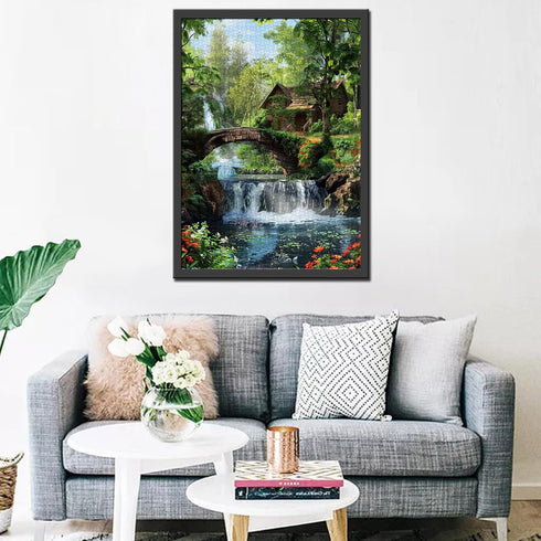 Tropical Green Forest Puzzles 1000 Pieces for Adults, Families (Wooden House, Waterfall, Jungle) Frameable Art
