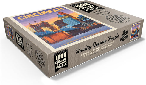 MyPuzzle Cincinnati, OH - Riverfront Vintage Poster, Premium 1000 Piece Jigsaw Puzzle for Adults