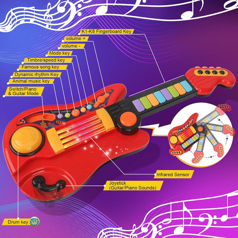 Drmukie 3 2-in-1 2-4 3 4 5 Kids Guitar Toy for Year Old Boy Birthday Gift Electric Guitars & Piano for Toddlers Light
