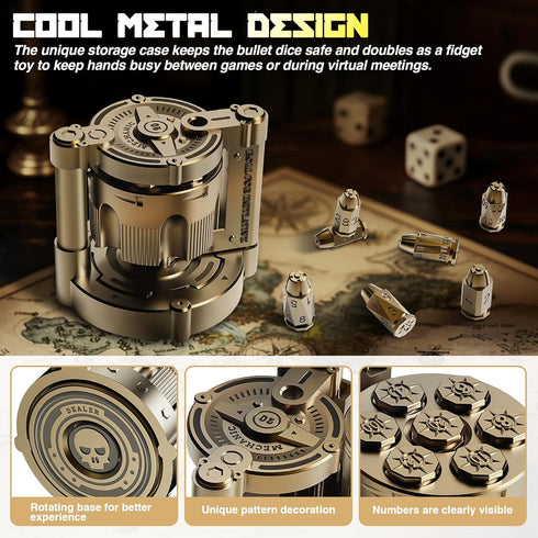 YNWML Set, 7 Metal Dice Piece Polyhedral Bullet Dice with Spinning Revolver Cylinder Case, Fidget Toy for Stress